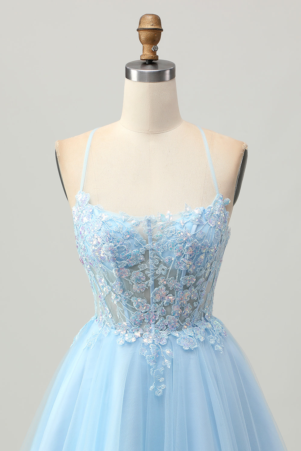 A Line Light Blue Short Appliqued Corset Homecoming Dress
