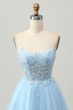 A Line Light Blue Short Appliqued Corset Homecoming Dress