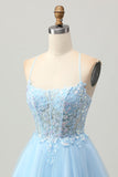 A Line Light Blue Short Appliqued Corset Homecoming Dress
