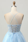 A Line Light Blue Short Appliqued Corset Homecoming Dress