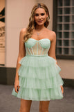 Light Green A Line Strapless Corset Tiered Short Homecoming Dress