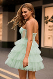 Light Green A Line Strapless Corset Tiered Short Homecoming Dress