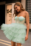 Light Green A Line Strapless Corset Tiered Short Homecoming Dress