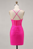 Fuchsia Corset Ruched Tight Short Homecoming Dress