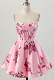 Pink Flower A-Line Sweetheart Satin Corset Homecoming Dress
