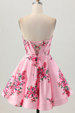 Pink Flower A-Line Sweetheart Satin Corset Homecoming Dress