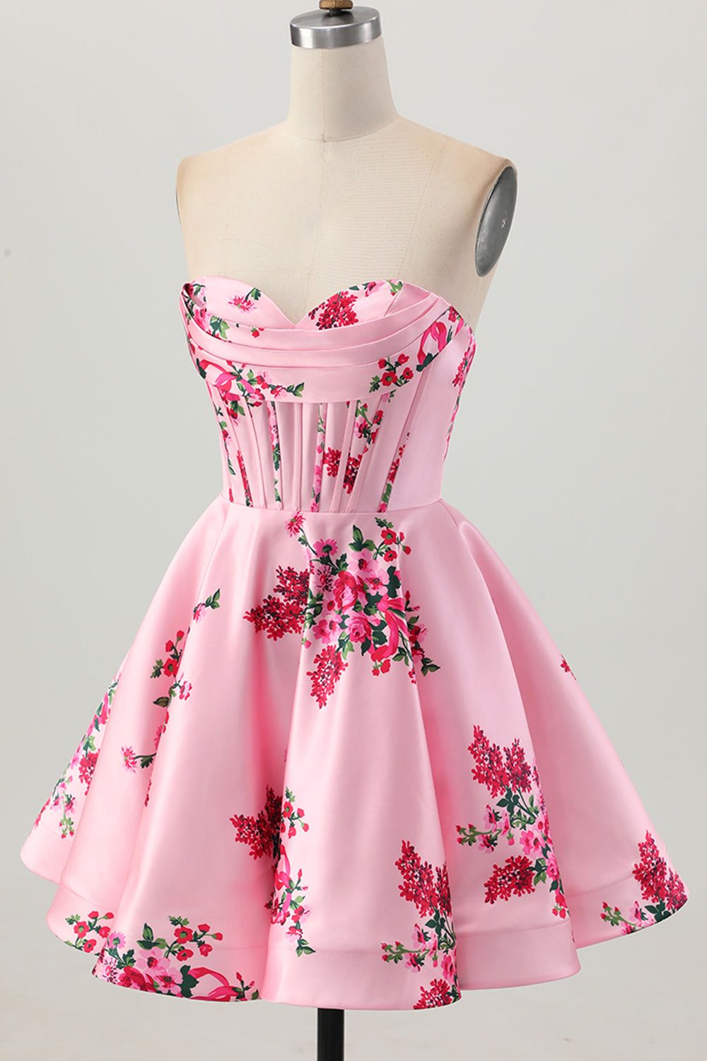 Pink Flower A-Line Sweetheart Satin Corset Homecoming Dress