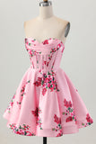 Pink Flower A-Line Sweetheart Satin Corset Homecoming Dress