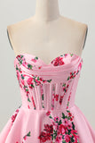 Pink Flower A-Line Sweetheart Satin Corset Homecoming Dress