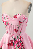 Pink Flower A-Line Sweetheart Satin Corset Homecoming Dress