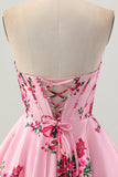 Pink Flower A-Line Sweetheart Satin Corset Homecoming Dress