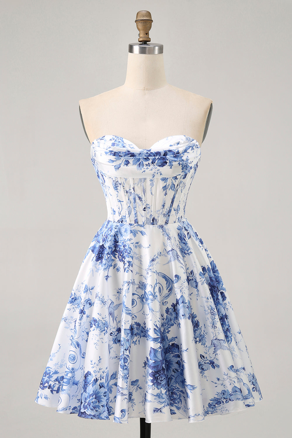 White Blue Flower A Line Strapless Corset Short Homecoming Dress
