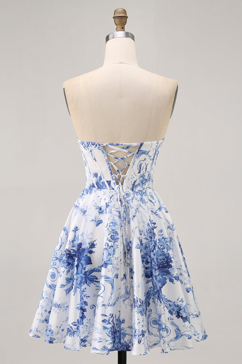 White Blue Flower A Line Strapless Corset Short Homecoming Dress