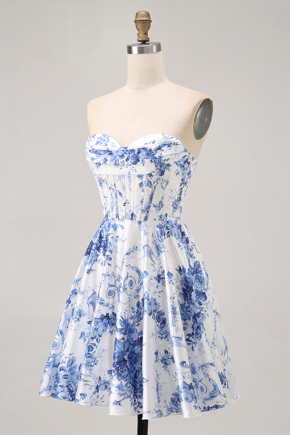 White Blue Flower A Line Strapless Corset Short Homecoming Dress