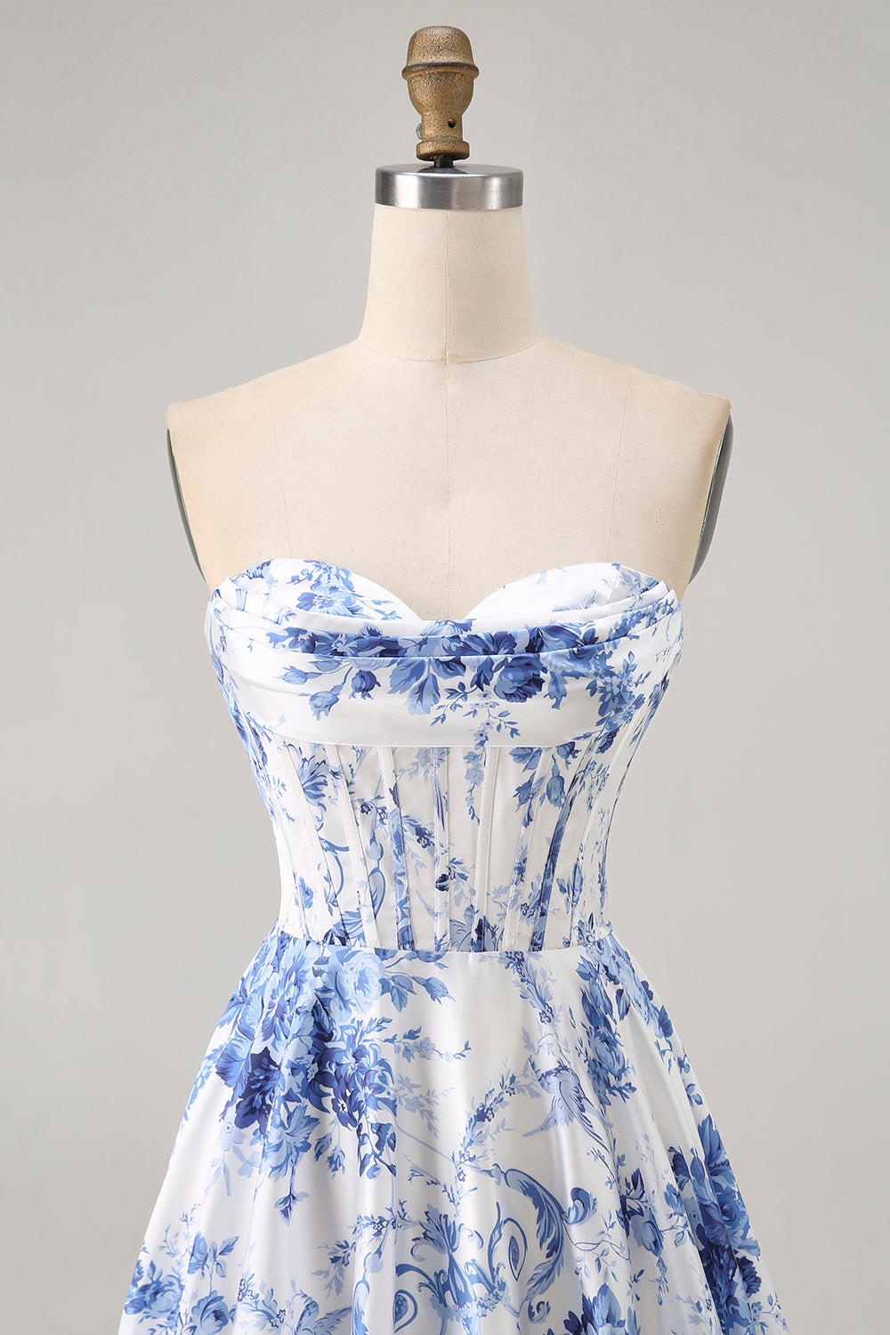 White Blue Flower A Line Strapless Corset Short Homecoming Dress