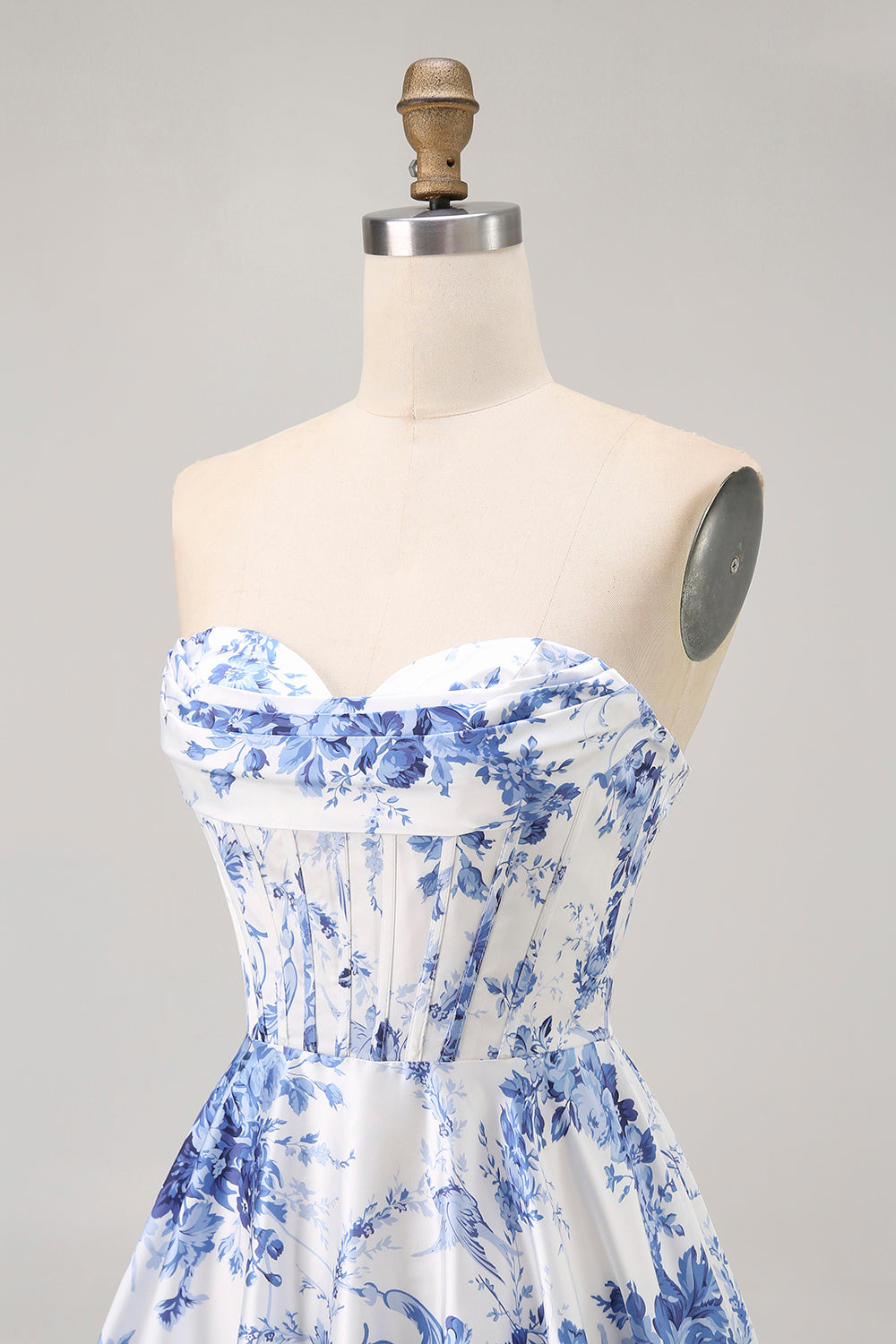 White Blue Flower A Line Strapless Corset Short Homecoming Dress