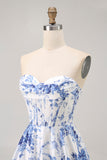 White Blue Flower A Line Strapless Corset Short Homecoming Dress