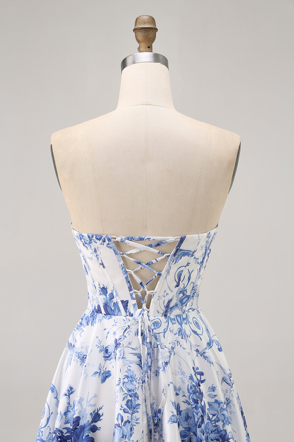 White Blue Flower A Line Strapless Corset Short Homecoming Dress