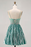 Metallic Satin Green A Line Spaghetti Straps Sequins Short Homecoming Dress