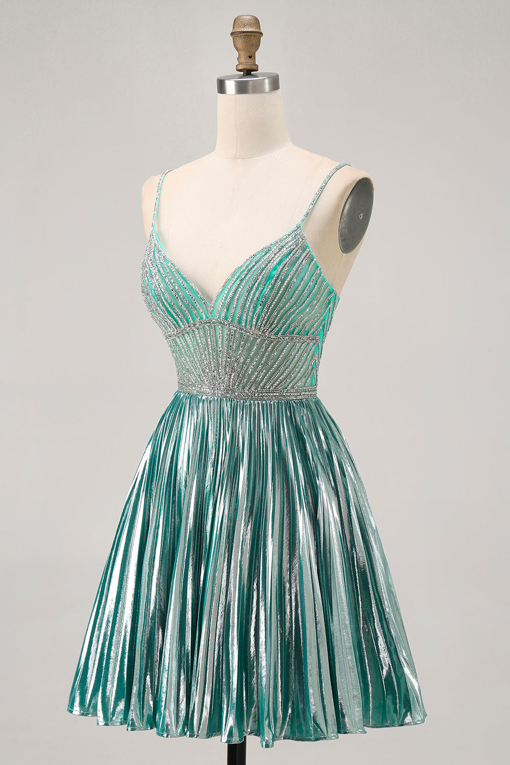 Metallic Satin Green A Line Spaghetti Straps Sequins Short Homecoming Dress