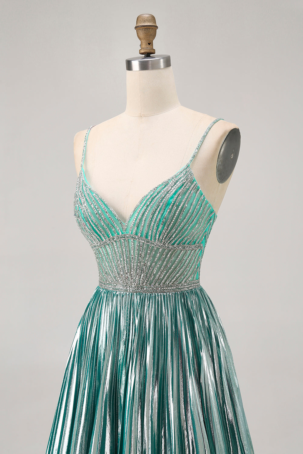 Metallic Satin Green A Line Spaghetti Straps Sequins Short Homecoming Dress