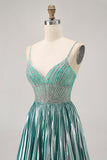 Metallic Satin Green A Line Spaghetti Straps Sequins Short Homecoming Dress