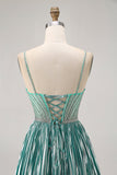 Metallic Satin Green A Line Spaghetti Straps Sequins Short Homecoming Dress