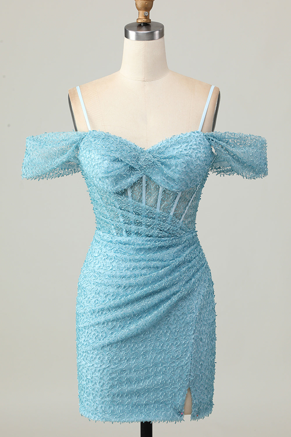 Blue Bodycon Cold Shoulder Corset Short Homecoming Dress with Slit