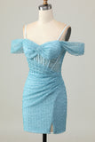 Blue Bodycon Cold Shoulder Corset Short Homecoming Dress with Slit