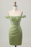 Green Off The Shoulder Corset Sequins Bodycon Homecoming Dress