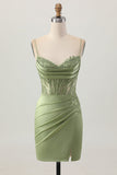 Sage Green Corset Tight Short Satin Homecoming Dress with Slit