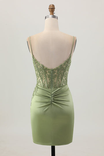Sage Green Corset Tight Short Satin Homecoming Dress with Slit