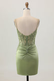 Sage Green Corset Tight Short Satin Homecoming Dress with Slit