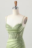 Sage Green Corset Tight Short Satin Homecoming Dress with Slit