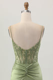 Sage Green Corset Tight Short Satin Homecoming Dress with Slit