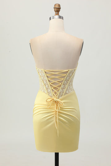 Yellow Satin Corset Tight Short Homecoming Dress with Lace Up Back