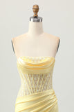 Yellow Satin Corset Tight Short Homecoming Dress with Lace Up Back