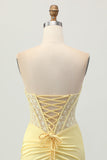 Yellow Satin Corset Tight Short Homecoming Dress with Lace Up Back