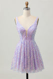 Sequins A Line Lilac V-Neck Short Homecoming Dress