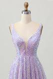 Sequins A Line Lilac V-Neck Short Homecoming Dress