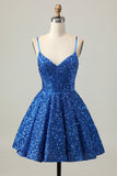 Sequins Dark Blue A Line Short Corset Homecoming Dress