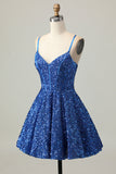 Sequins Dark Blue A Line Short Corset Homecoming Dress