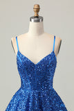 Sequins Dark Blue A Line Short Corset Homecoming Dress