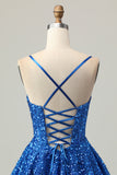 Sequins Dark Blue A Line Short Corset Homecoming Dress