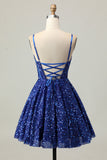Sparkly Dark Blue A Line Corset Sequins Homecoming Dress