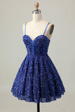 Sparkly Dark Blue A Line Corset Sequins Homecoming Dress