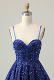 Sparkly Dark Blue A Line Corset Sequins Homecoming Dress