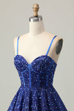 Sparkly Dark Blue A Line Corset Sequins Homecoming Dress