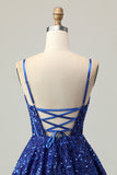 Sparkly Dark Blue A Line Corset Sequins Homecoming Dress