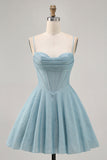 Grey Blue Corset A Line Spaghetti Straps Homecoming Dress